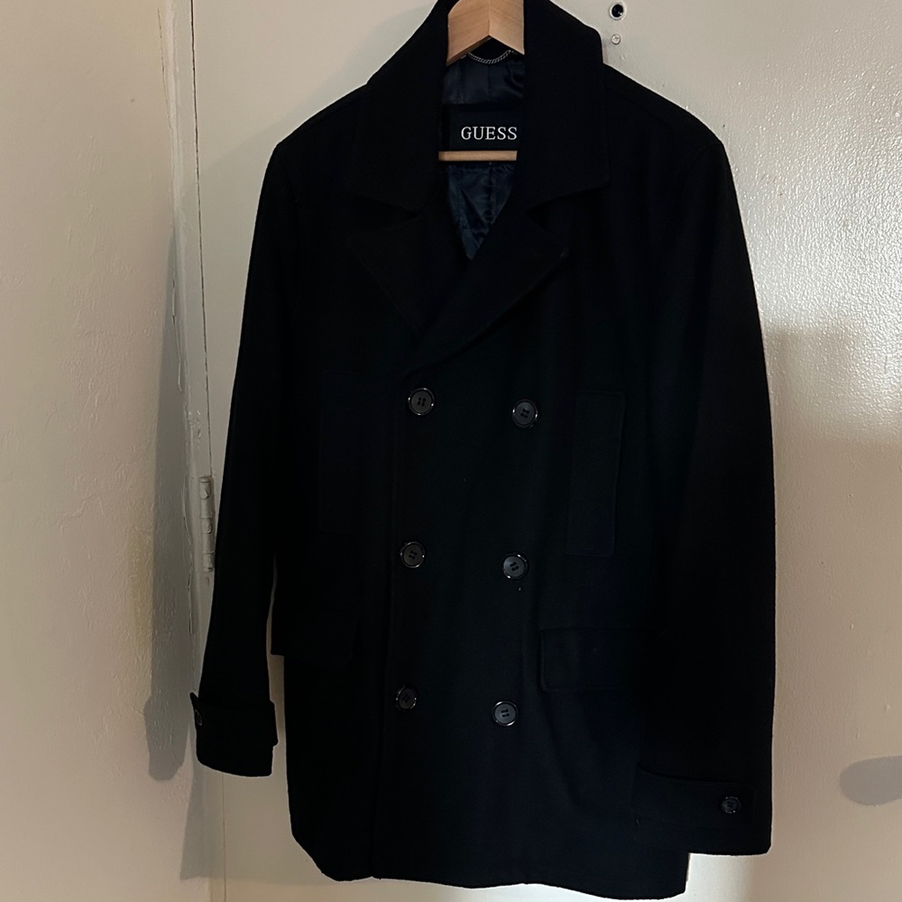 GUESS Men's Classic Black Wool Peacoat.